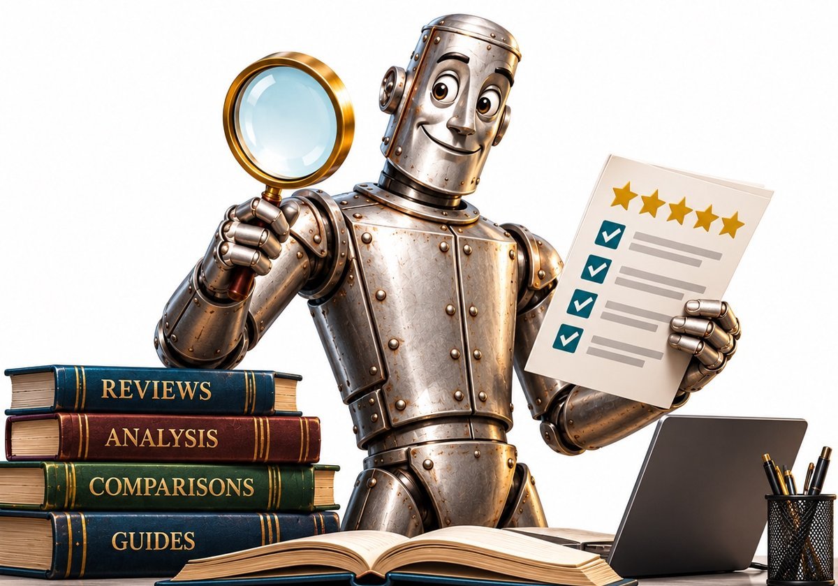 The Tin Man Reviews mascot at a desk with a magnifying glass and a checklist